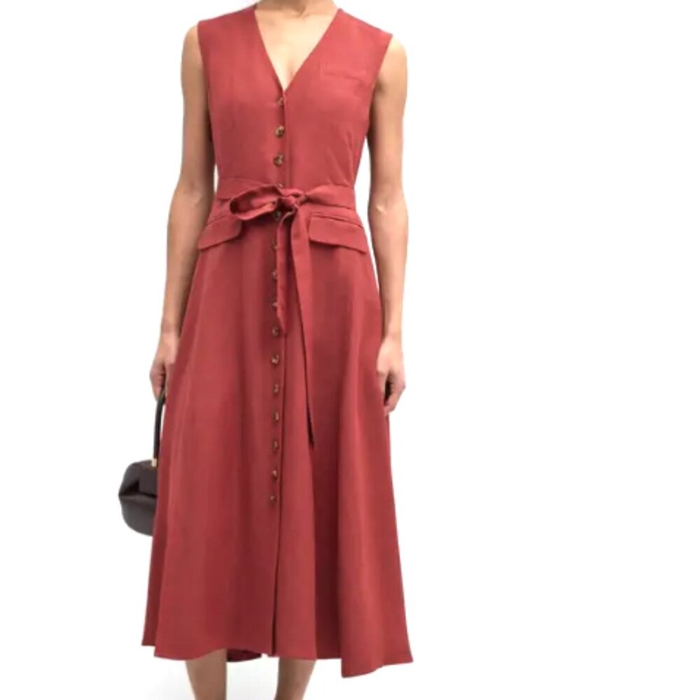 Argent Belted Button Front Vest Midi Viscose Linen Twill Dress